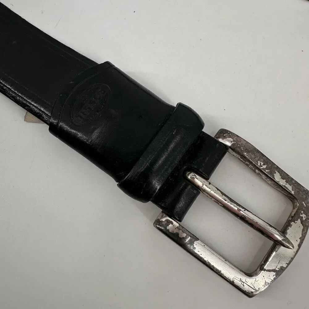 Fossil Mens Italian Full Grain Cowhide Silver Buckle Waist Belt Black Size 90/36